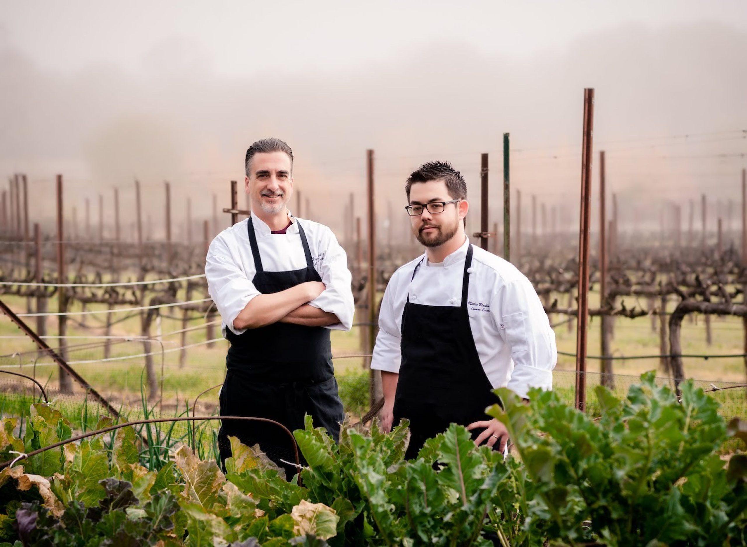 Two chefs in white uniforms and black aprons stand in a vegetable garden, with rows of grapevines and a foggy sky in the background, preparing for a lunch paired with Pinot Noir.