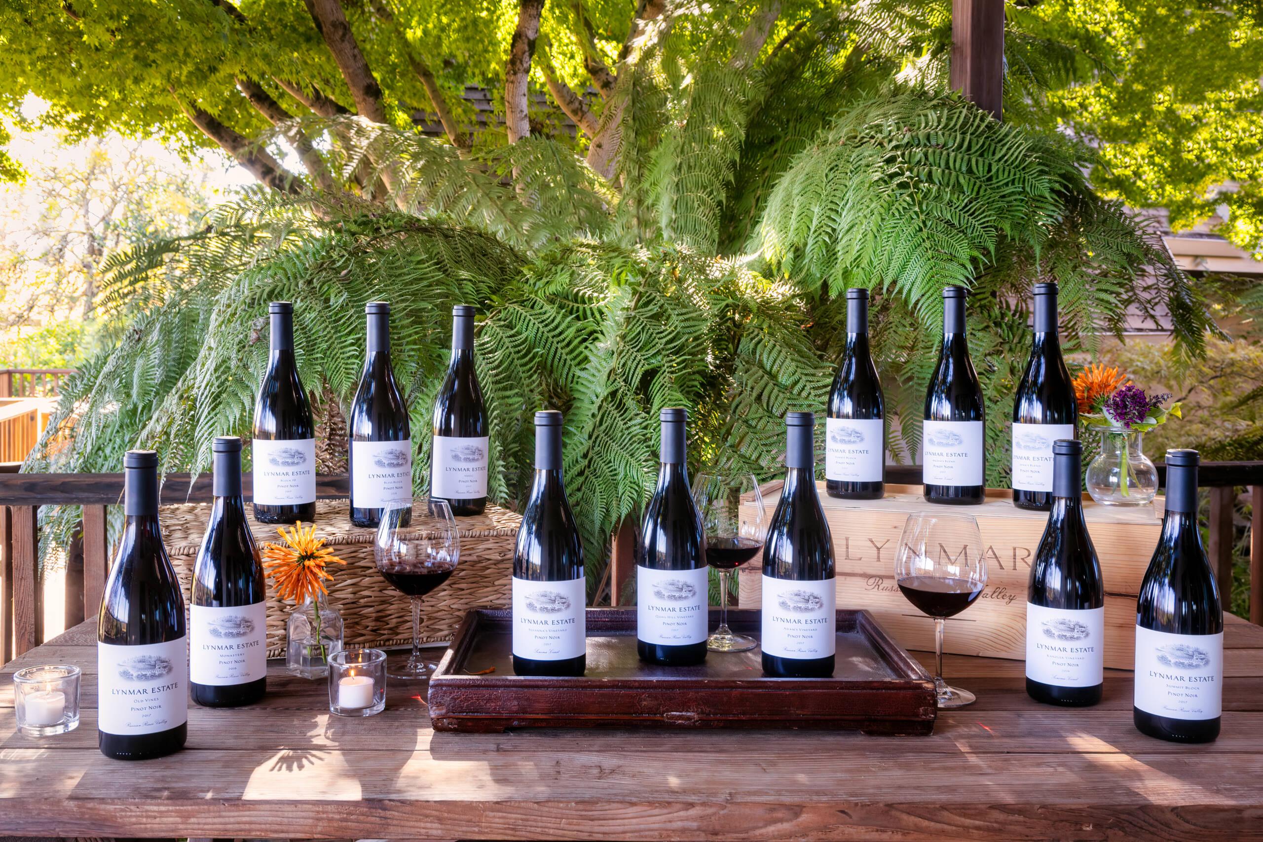 Twelve bottles of Russian River Pinot Noir and two filled glasses are arranged on a wooden table outdoors, with a large green fern and wine crates in the background—perfect for a relaxed wine tasting experience.
